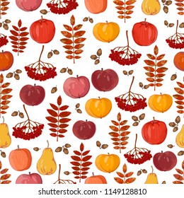 seamless texture of apples and pears on a white background with autumn leaves nuts and berries