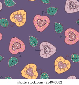 Seamless texture with apples. Summer texture. Doodle background. Hand drawn ornaments. Vintage labels. 