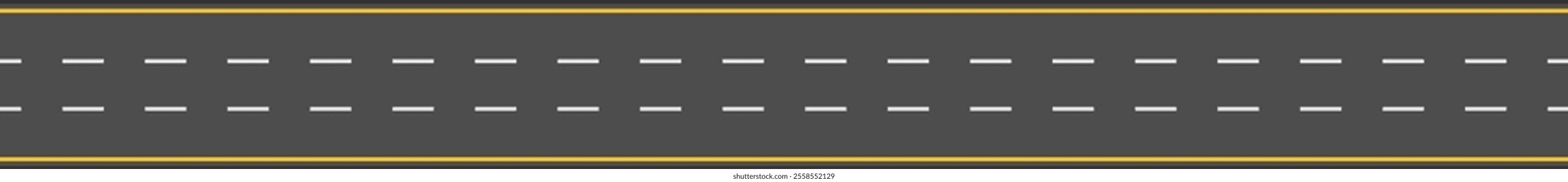 Seamless texture of an asphalt road surface featuring white dashed lines and yellow edges, ideal for backgrounds, game development, or any project requiring a realistic road depiction