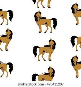 Seamless texture auburn horses stallions  illustration, isolated on white background