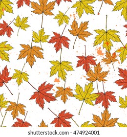 Seamless texture with autumn leaves. Background with maple leaves. Beautiful autumn illustration. 