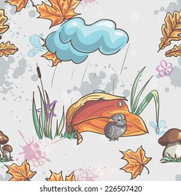 Seamless texture with autumn leaves and a sparrow in the rain