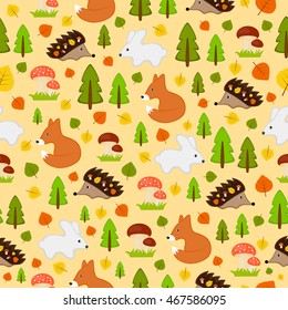 seamless texture autumnal forest with animals 