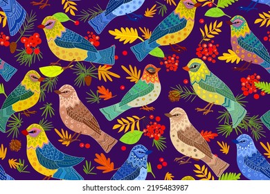 seamless texture with avian flock and autumn leaves. colorful funny birds with rowan berries against indigo background.  feathered creature with hand drawn pattern