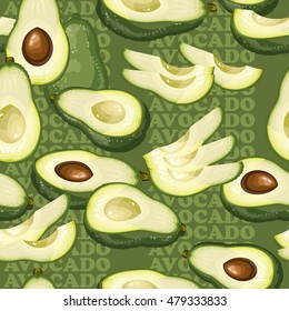 Seamless texture with avocado and slices on green background. Vector illustration.  Floral texture with natural elements and words Avocado.