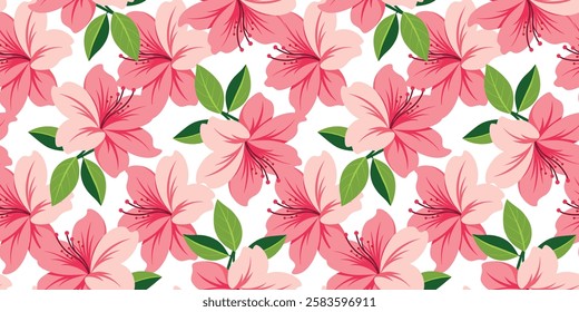 Seamless Texture With Azalea Flowers and Leaves On White Background. Azalea Vector Design