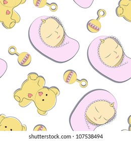 Seamless texture with baby and teddy bear