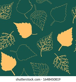 Seamless texture background with birch leaves, elegant natural shapes of birch leaves on a dark green background for wrapping or fabric design
