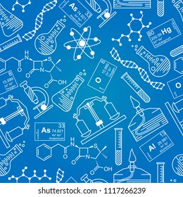 Seamless texture for background with chemical accessories and symbols