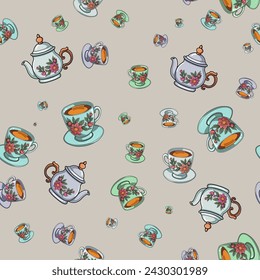 seamless texture, background with dishes, lots of tea kettles and tea cups. vector illustration