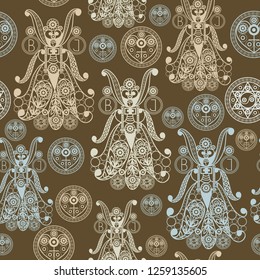 Seamless (texture) background with occult symbols. Suitable for textile, wallpapers, print, wrapping, scrapbooking, book cover, cloth design. Vector illustration.