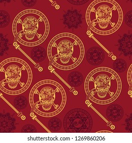 Seamless (texture) background with occult symbols. Suitable for textile, wallpapers, print, wrapping, scrapbooking, book cover, cloth design. Vector illustration.
