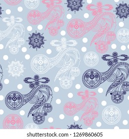 Seamless (texture) background with occult symbols. Suitable for textile, wallpapers, print, wrapping, scrapbooking, book cover, cloth design. Vector illustration.