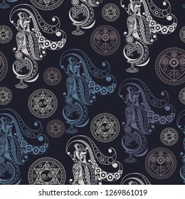 Seamless (texture) background with occult symbols. Suitable for textile, wallpapers, print, wrapping, scrapbooking, book cover, cloth design. Vector illustration.