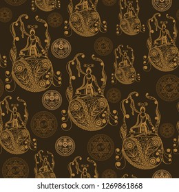 Seamless (texture) background with occult symbols. Suitable for textile, wallpapers, print, wrapping, scrapbooking, book cover, cloth design. Vector illustration.