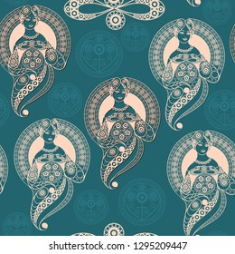 Seamless (texture) background with occult symbols. Suitable for textile, wallpapers, print, wrapping, scrapbooking, book cover, cloth design. Vector illustration.