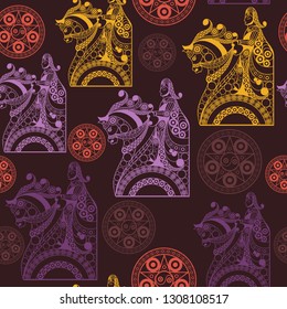 Seamless (texture) background with occult symbols. Suitable for textile, wallpapers, print, wrapping, scrapbooking, book cover, cloth design. Vector illustration.