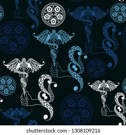 Seamless (texture) background with occult symbols. Suitable for textile, wallpapers, print, wrapping, scrapbooking, book cover, cloth design. Vector illustration.
