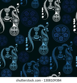 Seamless (texture) background with occult symbols. Suitable for textile, wallpapers, print, wrapping, scrapbooking, book cover, cloth design. Vector illustration.