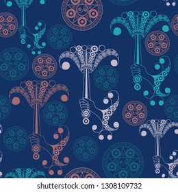 Seamless (texture) background with occult symbols. Suitable for textile, wallpapers, print, wrapping, scrapbooking, book cover, cloth design. Vector illustration.