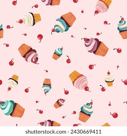 seamless texture, background with a lot of randomly arranged different colored cupcakes and cherries. vector illustration