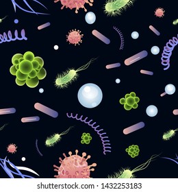 Seamless texture. Bacteria set, a type of virus on a black background. Science of diseases, cartoon vector illustration