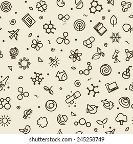 Seamless texture with badges - science. A vector.