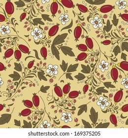 seamless texture barberry  with white flowers on a beige background.Use as a pattern fill, backdrop, seamless texture