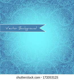 seamless texture with a base drawing of a  floral circuit ornament, blue background.  Contour stroke 