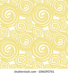Seamless texture based on yellow ocher gold lines spirals imitating pasta on a white background. Vector.