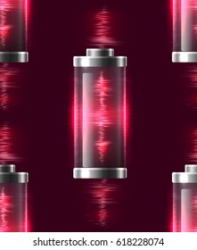 Seamless texture with batteries with electric charge, resonance, pulse. Vector pattern for your creativity
