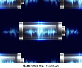 Seamless texture with batteries with electric charge, resonance, pulse. Vector pattern for your creativity