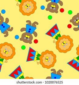 Seamless texture of bear and lion cub. Circus performance of bear and lion cub. Seamless pattern for kids cloth.