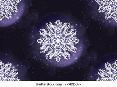 Seamless texture with beautiful drawn snowflake, white on a violet background, surrounded with shiny cloud of sparks. Repeating background. Tile pattern.