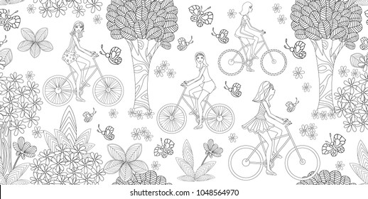 seamless texture with beautiful girls are riding on bikes for coloring book