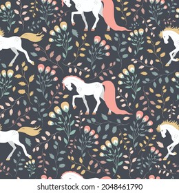 Seamless texture, beautiful horses on a background of flowers and plants. For fabric, background, textiles, wallpaper, wrapping paper.