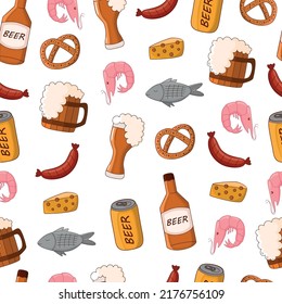 Seamless texture. Beer, cheese, sausages, fish, shrimp. For background, fabric, textiles, wallpaper.