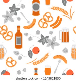 Seamless texture of beer, pretzels, sausages and barley on a white background. Oktoberfest symbols.
