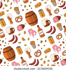 Seamless texture, beer and snacks. For decor, background, wallpaper, fabric, textiles.