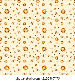

Seamless texture with bees, honey and flowers on a yellow background.