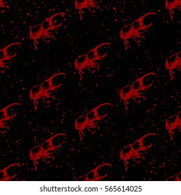 Seamless texture with beetles deer. Stag Beetle. High-quality modern digital pattern. Bugs with horn. Grunge. Black background, red beetles.