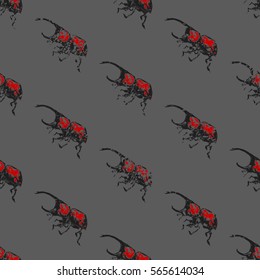 Seamless texture with beetles deer. Stag Beetle. High-quality modern digital pattern. Bugs with horn. Grunge. Gray background, red beetles.