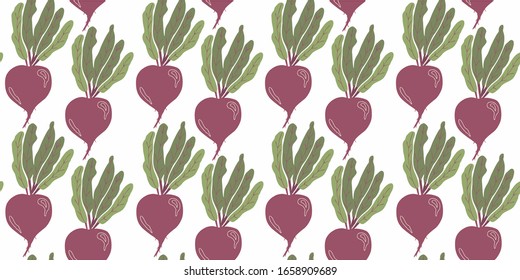 Seamless texture with beets and tops. Great for designing a healthy lifestyle or diet. For wrapping paper, textiles and other food designs. Vector illustration.