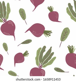 Seamless texture with beets and tops. Great for designing a healthy lifestyle or diet. For wrapping paper, textiles and other food designs. Vector illustration.