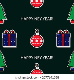 Seamless texture "Beginning of the New Year" A bright pattern of snow-covered Christmas trees, boxes with gifts, red balls and the inscription "New Year" - an image of the upcoming holidays.