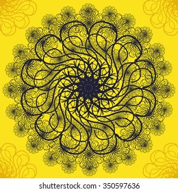 Seamless texture with big black pattern in rownd on bright yellow background