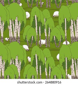 Seamless texture of birch trees and sheeps. Hand drawn tile illustration. Ukraine