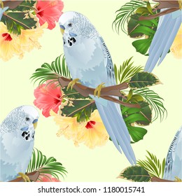 Seamless texture bird Budgerigar, home pet ,blue pet parakeet  on a branch bouquet with tropical flowers hibiscus, palm,philodendron vintage vector illustration editable hand draw