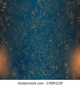seamless texture with birds and flowers. contour on a blue background with orange spots