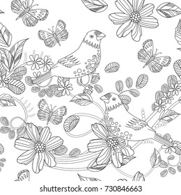 seamless texture with birds on floral twigs for your coloring book